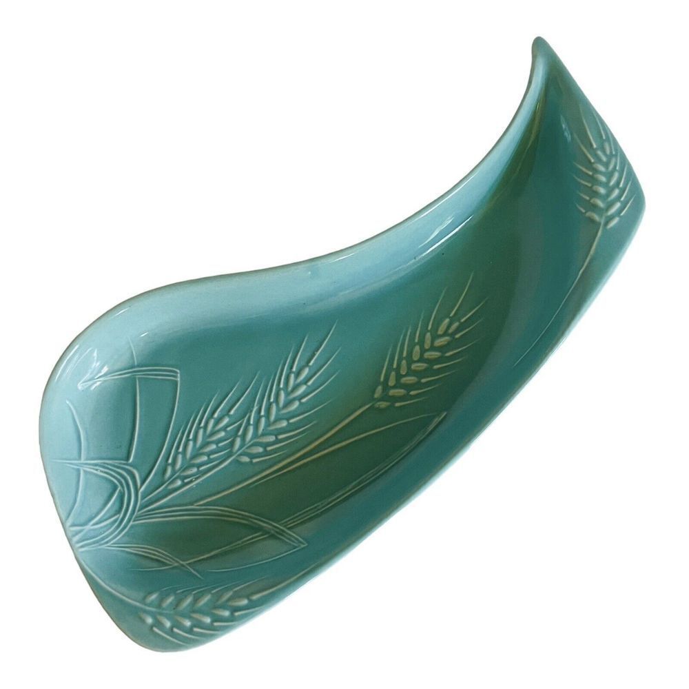 Vintage Jae Of California Pottery Aqua Turquoise Wheat Fish Serving Dish 12“